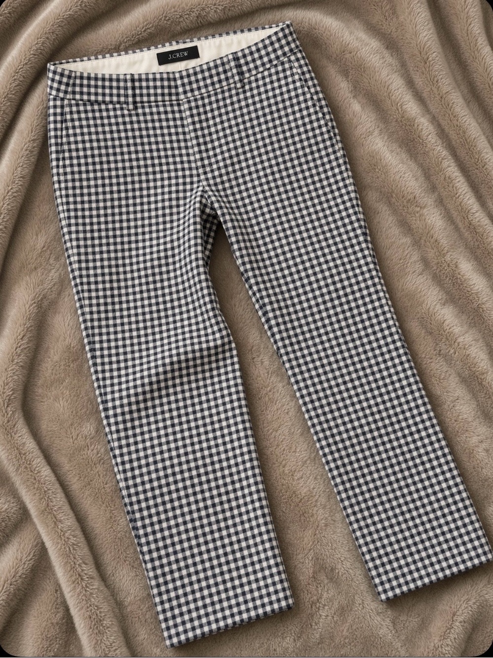 J Crew cropped trousers featuring a classic black and white gingham check patter